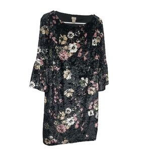 Chico's 2 Black Pink Crushed Velvet Sheath Dress with Bell Sleeves 12/14